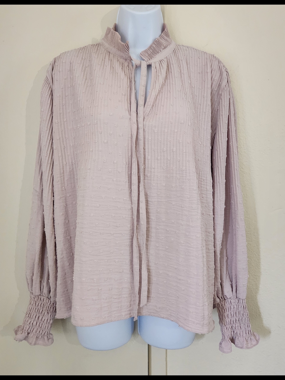 Max Studio Dusty Pink Swiss Dot Tie-Neck Blouse